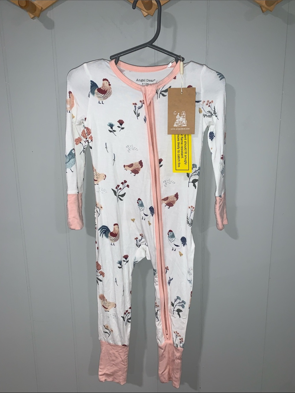 NWT Angel Dear Bamboo White Rooster & Floral One-Piece Footie Pink Trim 6-12m